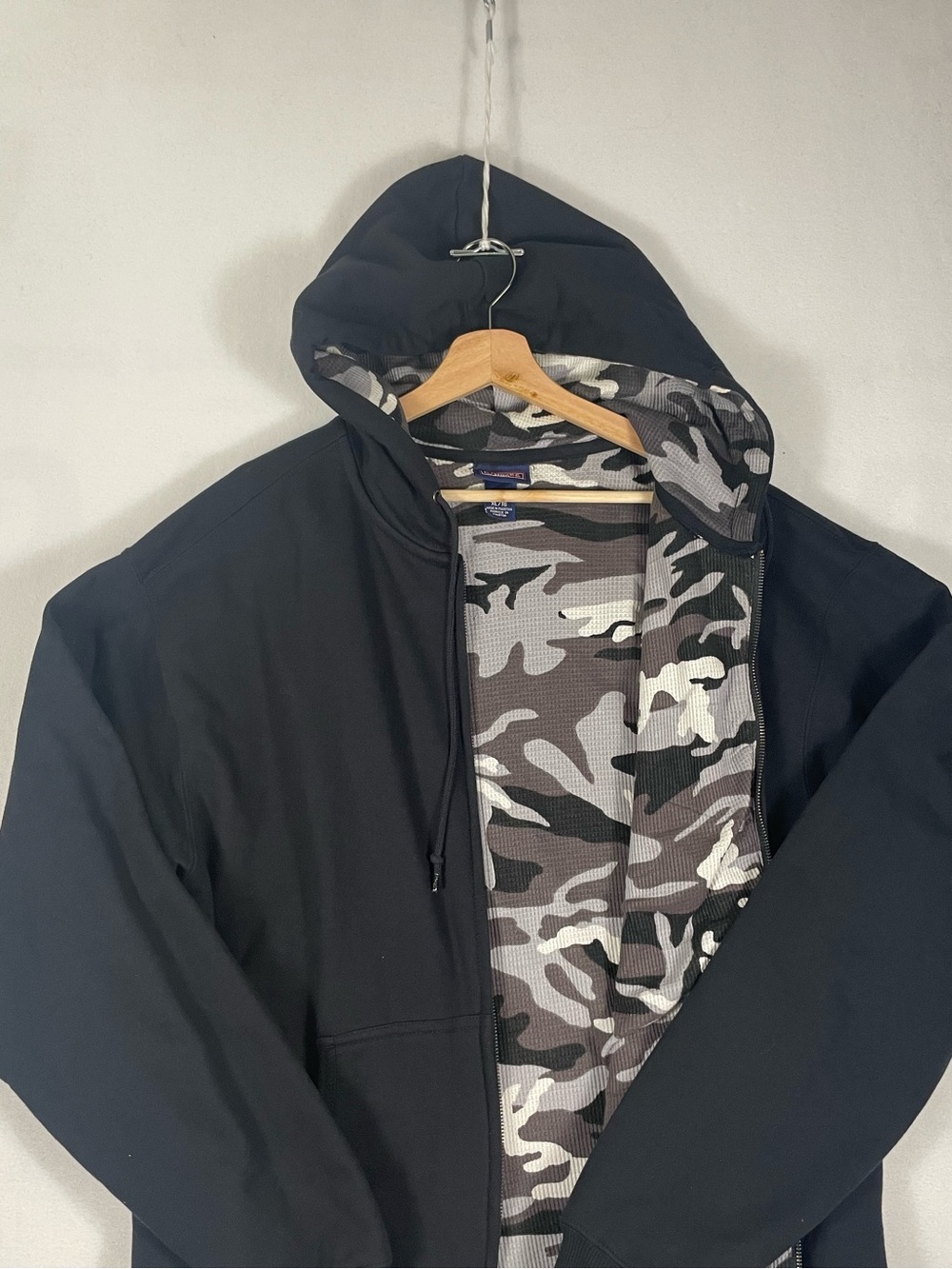 Vtg Champs Sports Black Thermal Camo Lined Heavyweight Full Zip Hoodie Sz XL